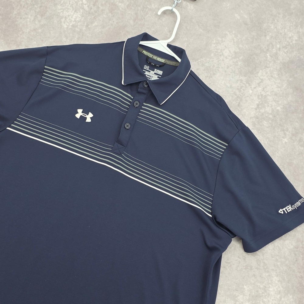 Under Armour Golf Polo Shirt Mens XL HeatGear Navy Blue Striped Performance UA